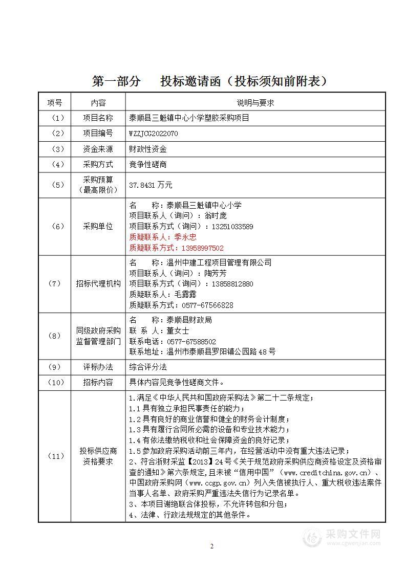 泰顺县三魁镇中心小学塑胶采购项目