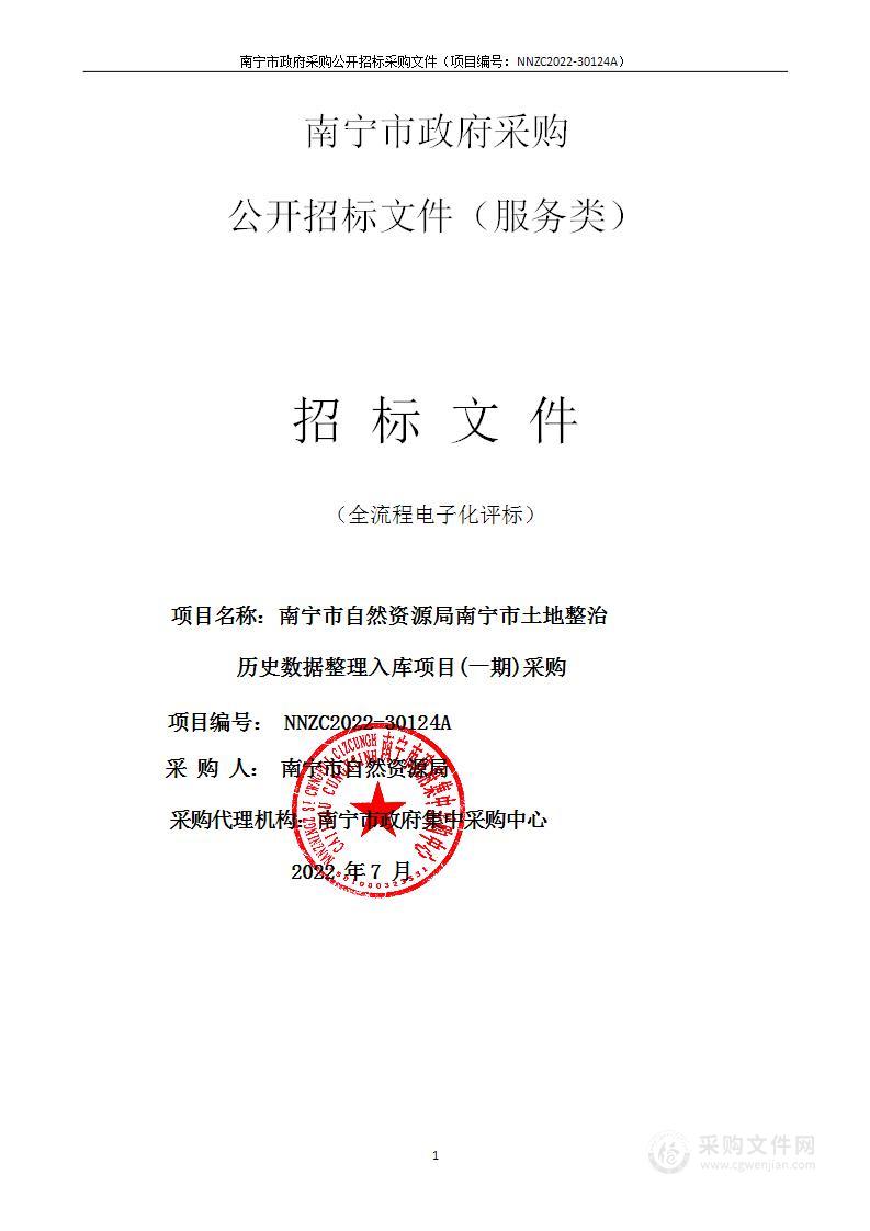 南宁市自然资源局南宁市土地整治历史数据整理入库项目(一期)采购