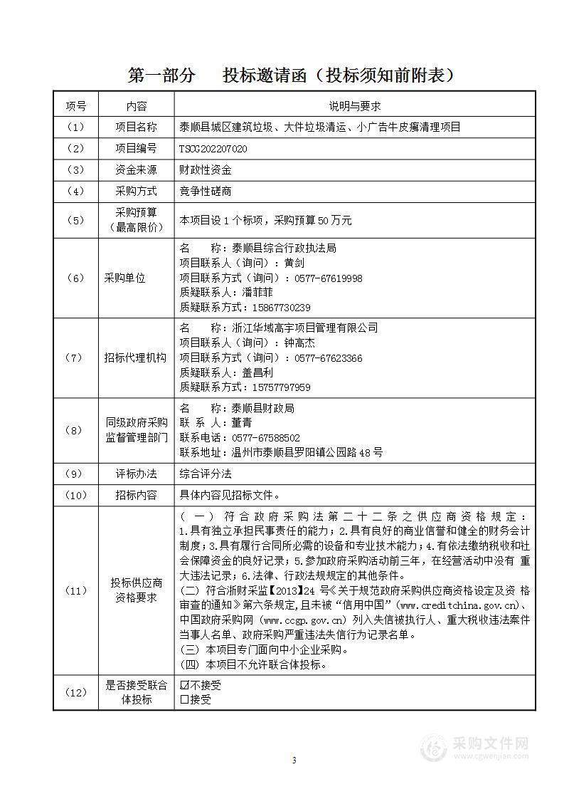 泰顺县城区建筑垃圾、大件垃圾清运、小广告牛皮癣清理项目