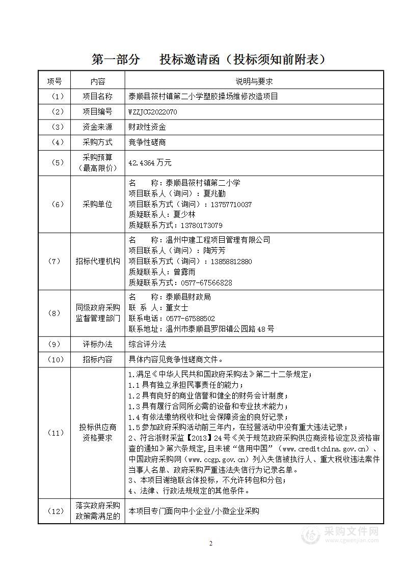 泰顺县筱村镇第二小学塑胶操场维修改造项目