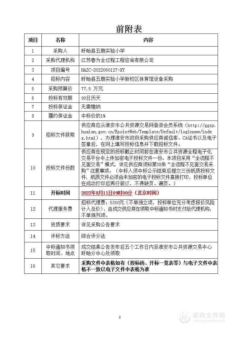 盱眙县五墩实验小学新校区体育馆设备采购项目