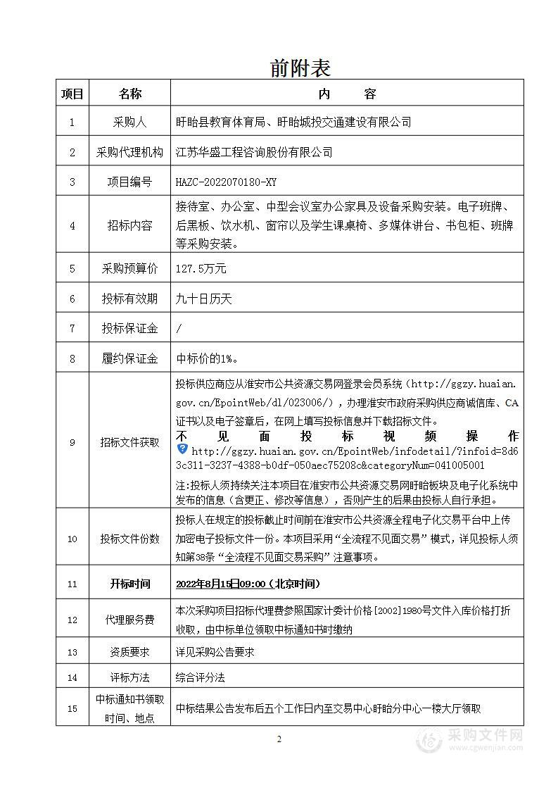 盱眙县盱城街道中心小学新建教学楼、综合楼办公家具及教学设备等配套设施采购安装