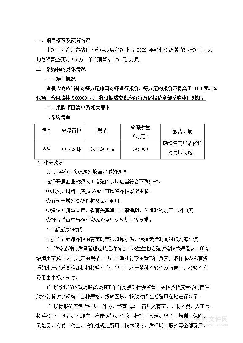 滨州市沾化区海洋发展和渔业局2022年渔业资源增殖放流项目