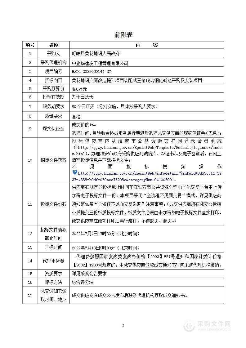 黄花塘镇户厕改造提升项目装配式三格玻璃钢化粪池采购及安装项目