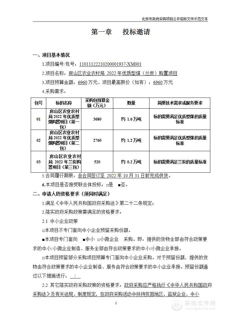 房山区农业农村局2022年优质型煤（兰炭）购置项目