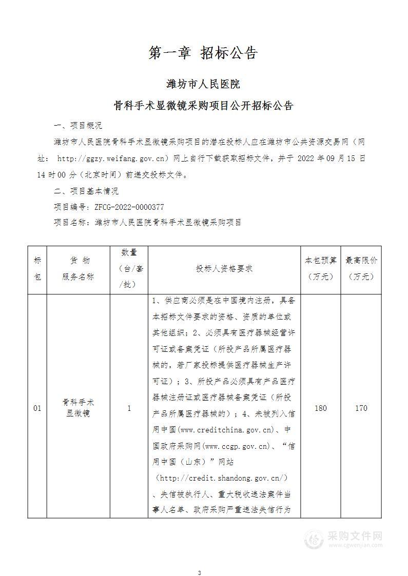 潍坊市人民医院骨科手术显微镜采购项目