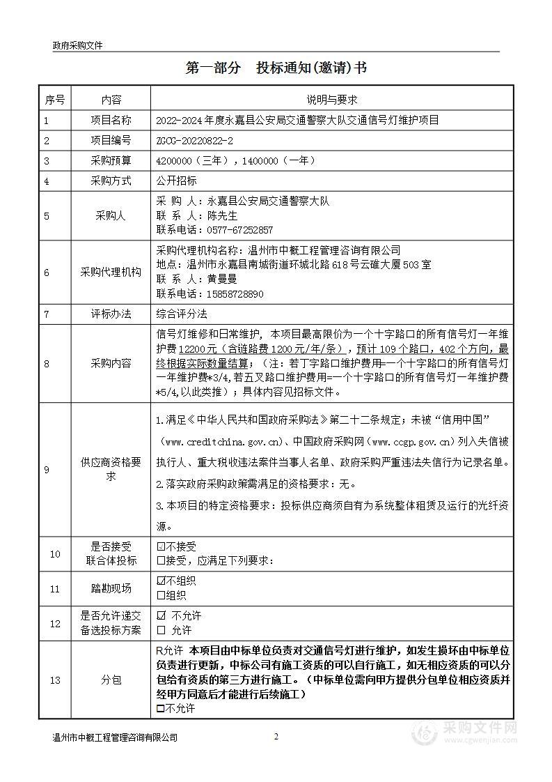 2022-2024年度永嘉县公安局交通警察大队交通信号灯维护