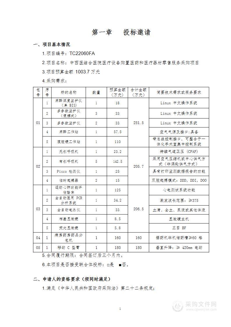 中西医结合医院医疗设备购置医药和医疗器材专门零售服务采购项目