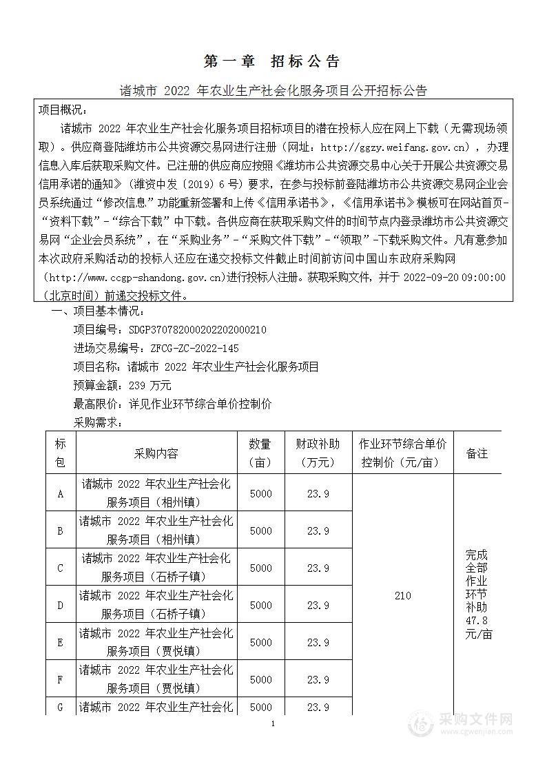 诸城市2022年农业生产社会化服务项目