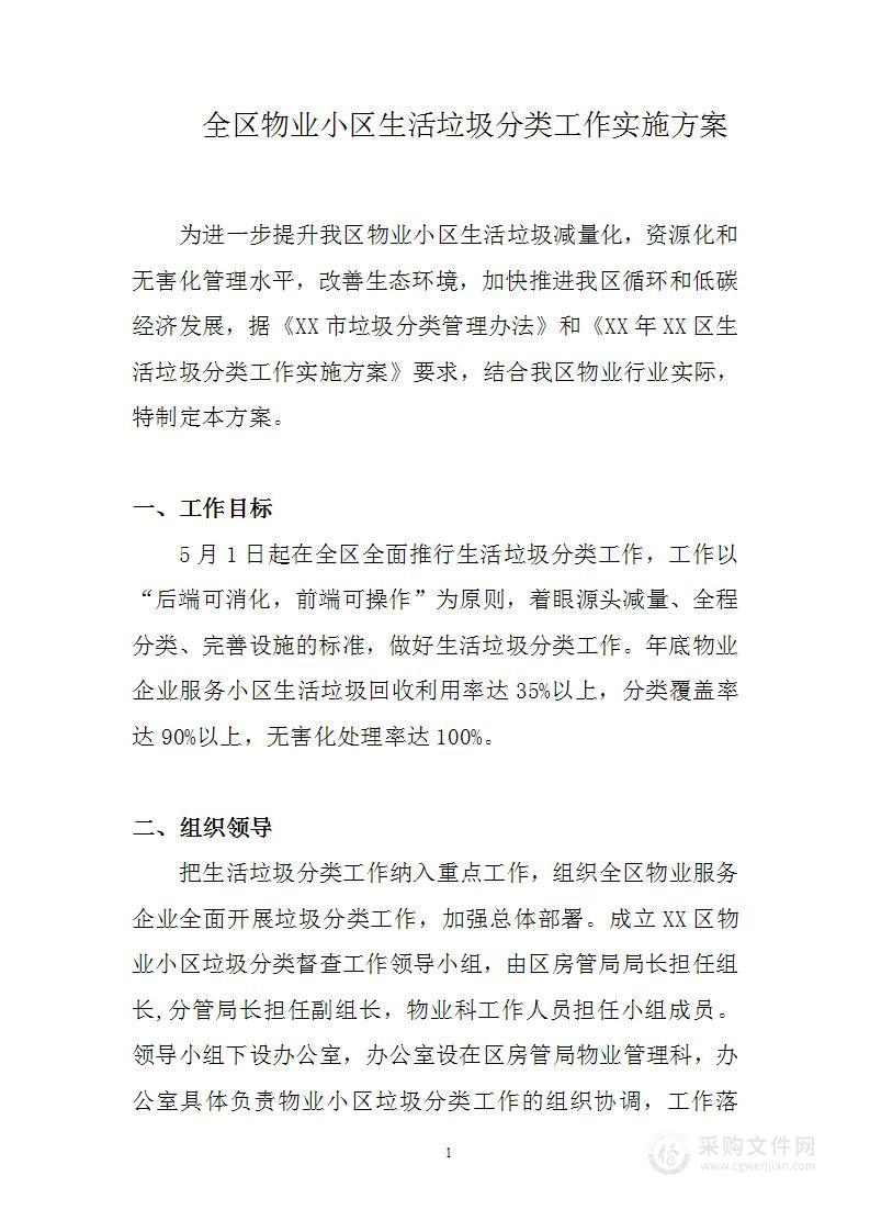 全区物业小区生活垃圾分类工作实施方案