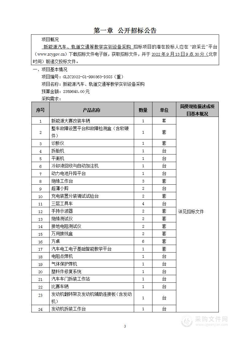 新能源汽车、轨道交通等教学实训设备采购