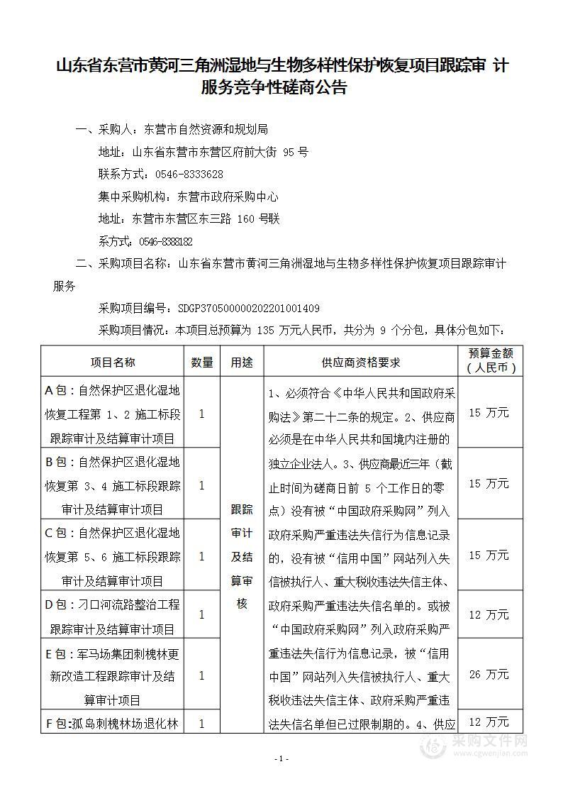 山东省东营市黄河三角洲湿地与生物多样性保护恢复项目跟踪审计服务(SDGP370500000202201001409)