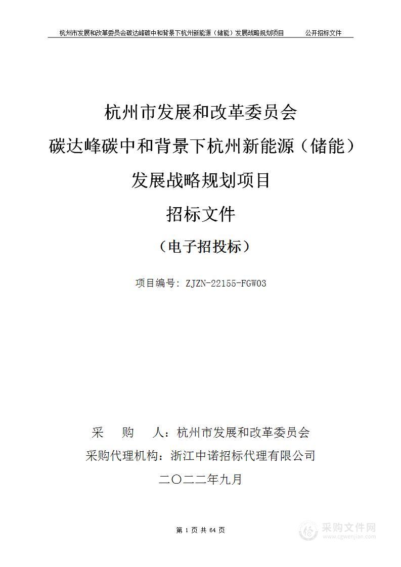 杭州市发展和改革委员会碳达峰碳中和背景下杭州新能源（储能）发展战略规划项目