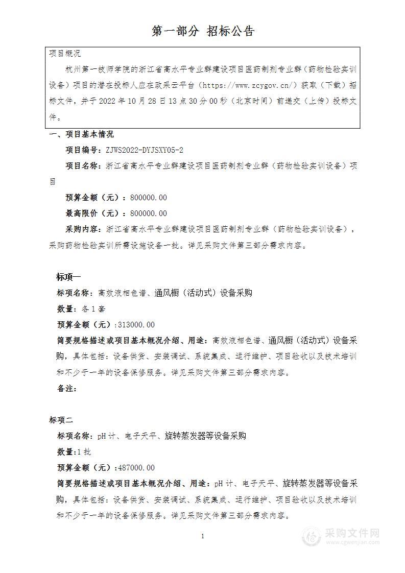 浙江省高水平专业群建设项目医药制剂专业群（药物检验实训设备）项目