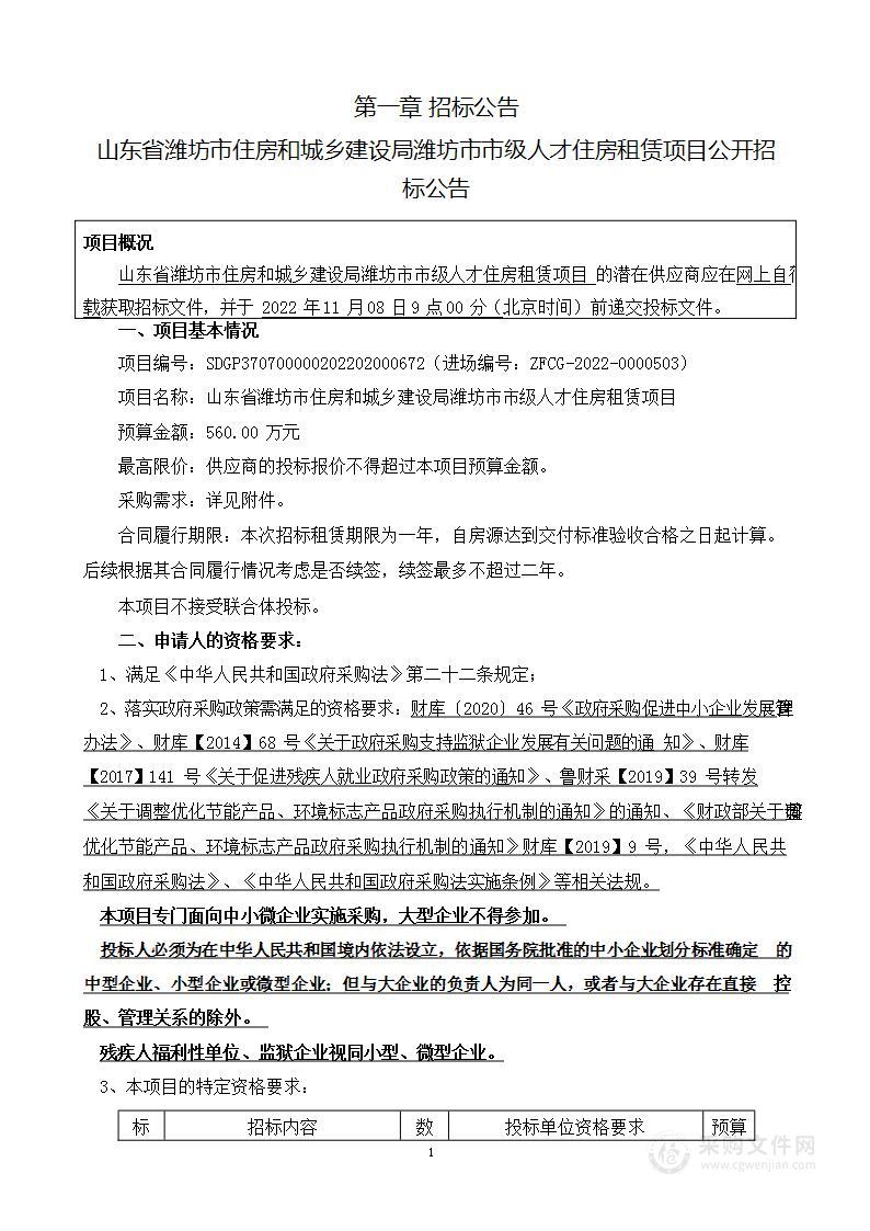 山东省潍坊市住房和城乡建设局潍坊市市级人才住房租赁项目