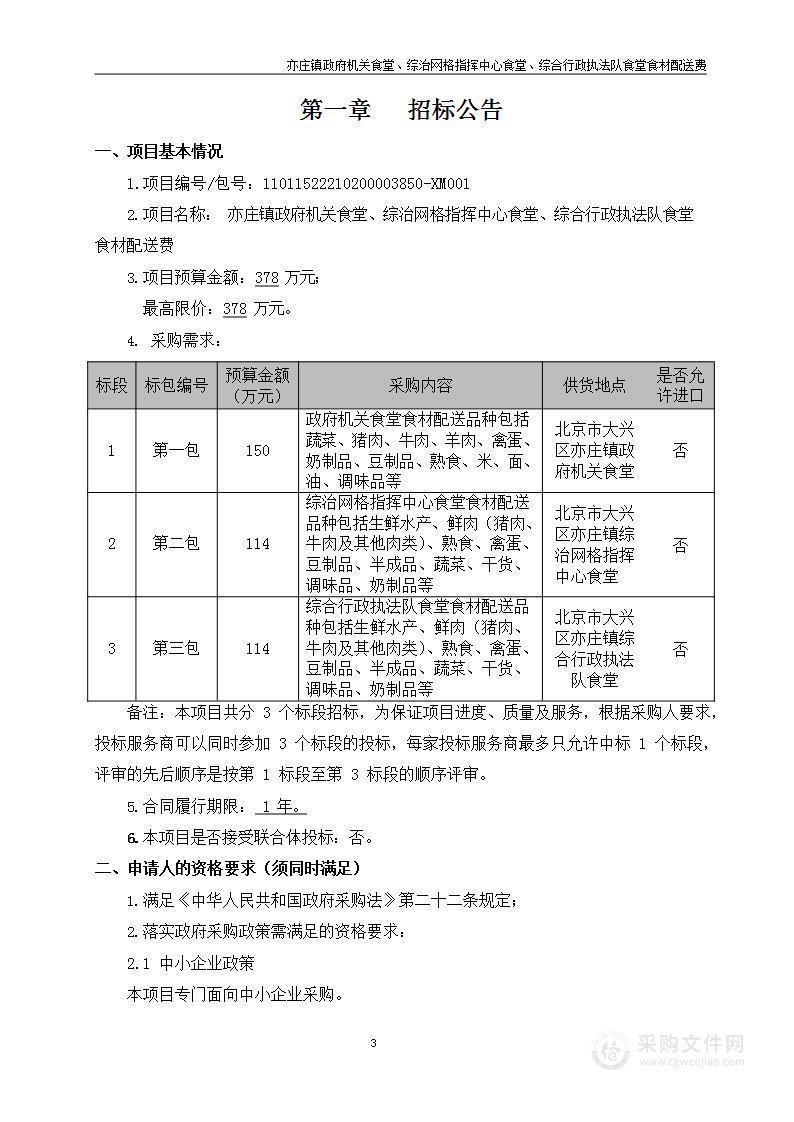 亦庄镇政府机关食堂、综治网格指挥中心食堂、综合行政执法队食堂食材配送费