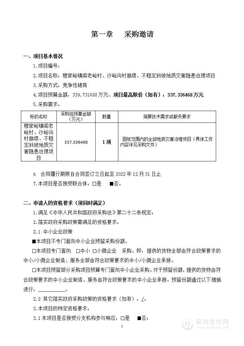 穆家峪镇阁老峪村、沙峪沟村崩塌、不稳定斜坡地质灾害隐患治理项目