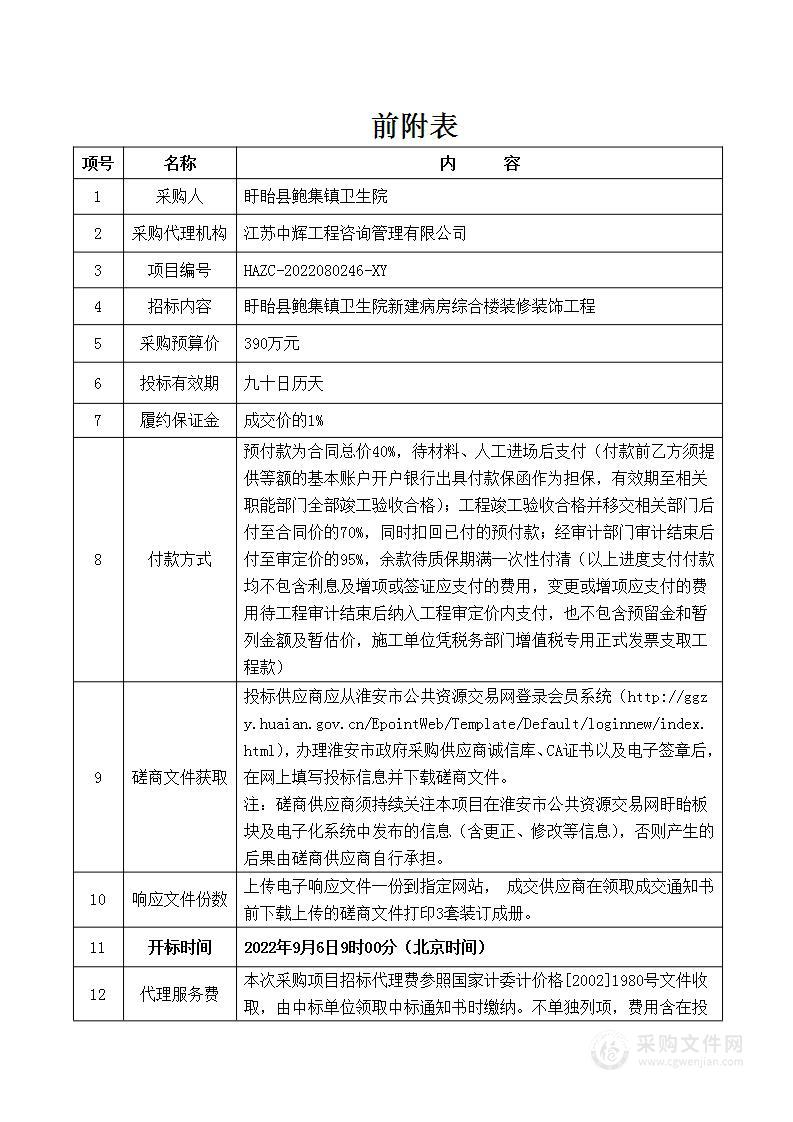 盱眙县鲍集镇卫生院新建病房综合楼装修装饰工程