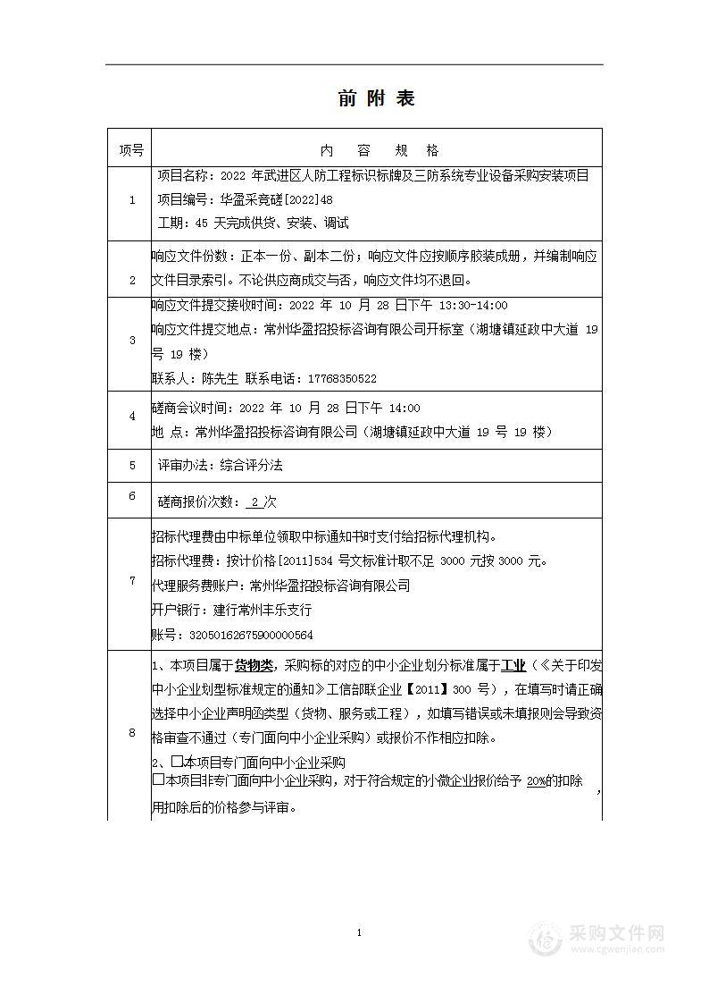 2022年武进区人防工程标识标牌及三防系统专业设备采购安装项目