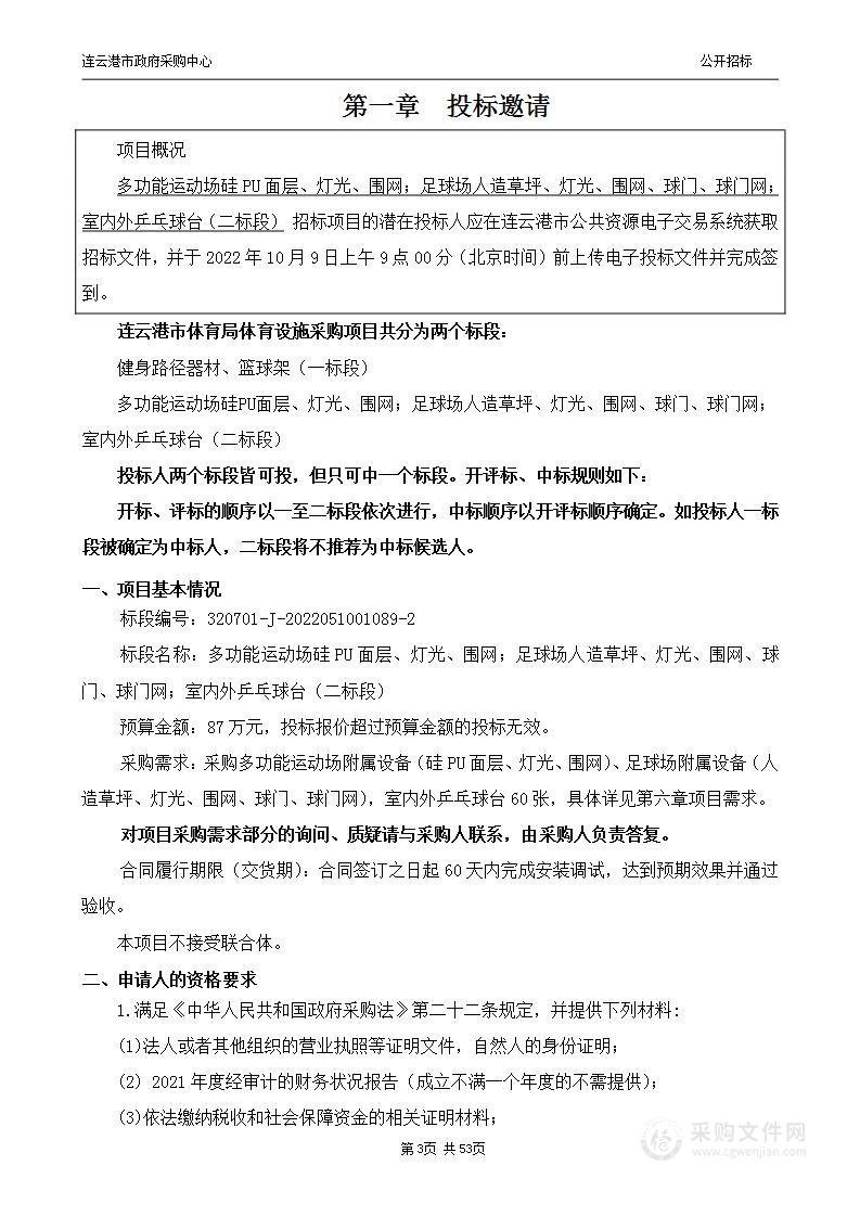 多功能运动场硅PU面层、灯光、围网；足球场人造草坪、灯光、围网、球门、球门网；室内外乒乓球台（二标段）