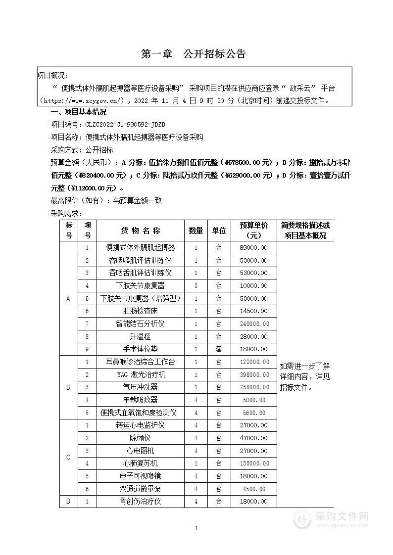 便携式体外膈肌起搏器等医疗设备采购