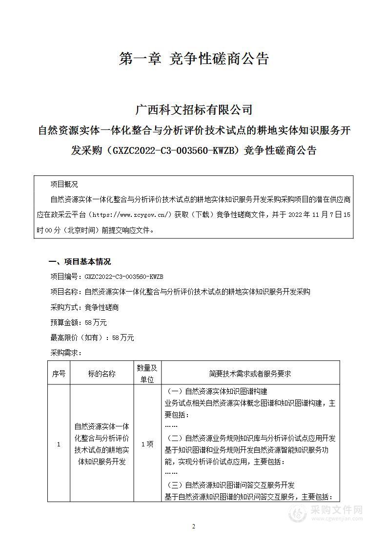 自然资源实体一体化整合与分析评价技术试点的耕地实体知识服务开发采购