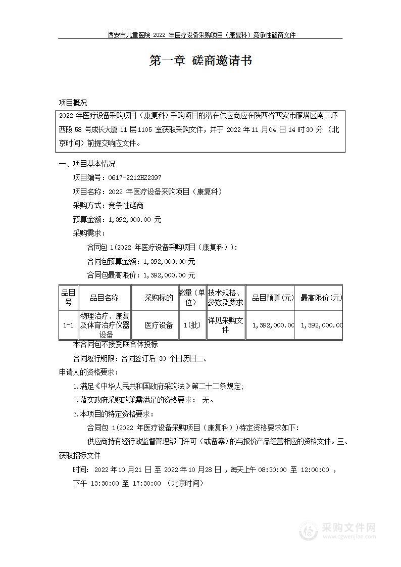 西安市儿童医院2022年医疗设备采购项目（康复科）