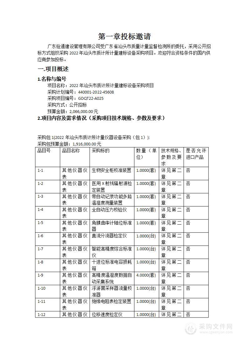 2022年汕头市质计所计量建标设备采购项目