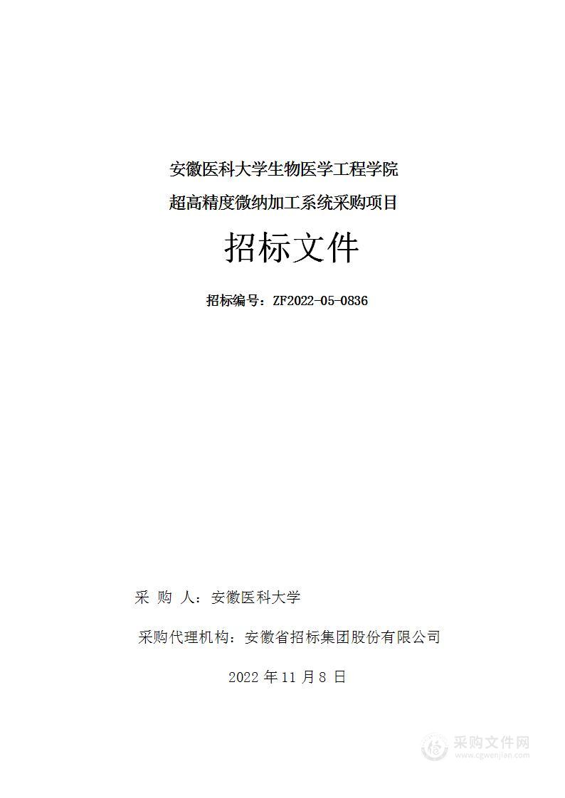 安徽医科大学生物医学工程学院超高精度微纳加工系统采购项目