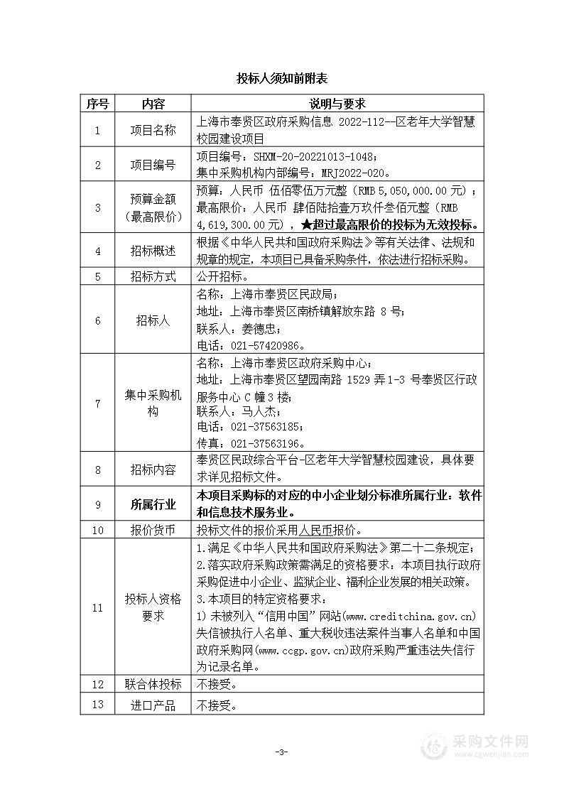 上海市奉贤区政府采购信息 2022-112--区老年大学智慧校园建设项目