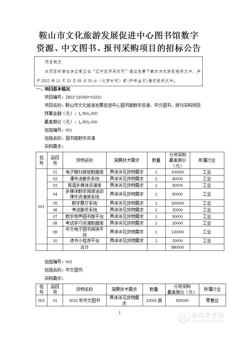 鞍山市文化旅游发展促进中心图书馆数字资源、中文图书、报刊采购项目