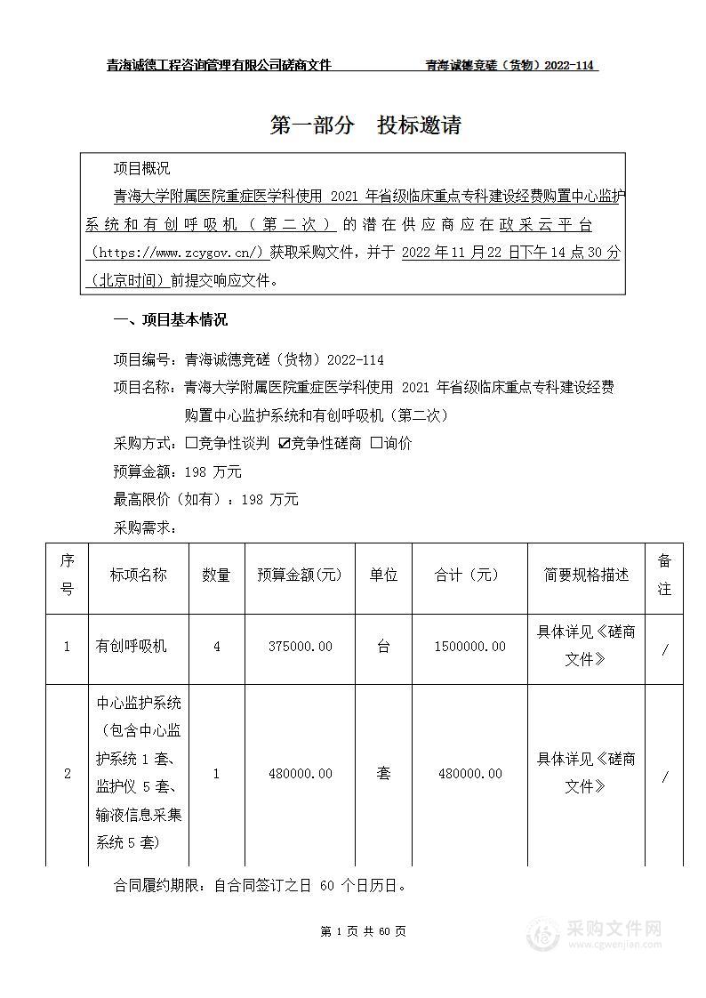 青海大学附属医院重症医学科使用2021年省级临床重点专科建设经费购置中心监护系统和有创呼吸机