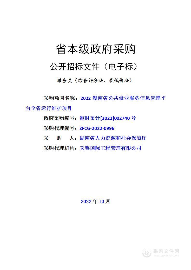 2022湖南省公共就业服务信息管理平台全省运行维护项目