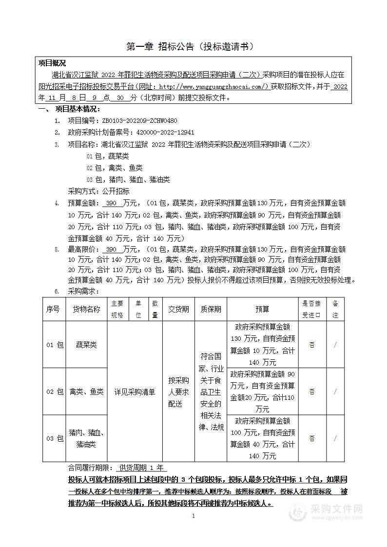 湖北省汉江监狱2022年罪犯生活物资采购及配送项目采购申请