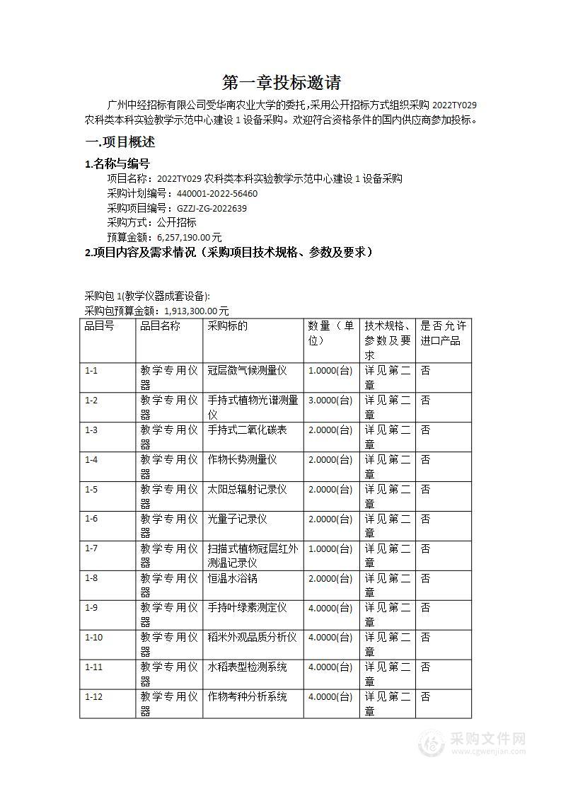 2022TY029农科类本科实验教学示范中心建设1设备采购