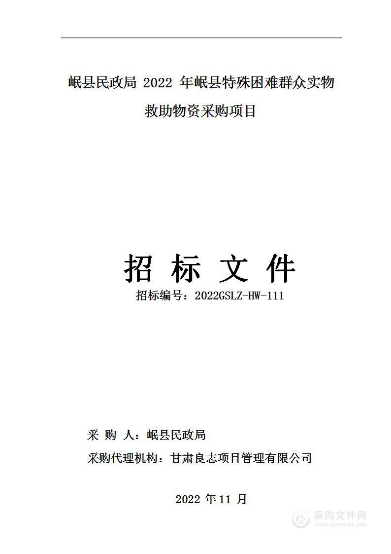 岷县民政局2022年岷县特殊困难群众实物救助物资采购项目