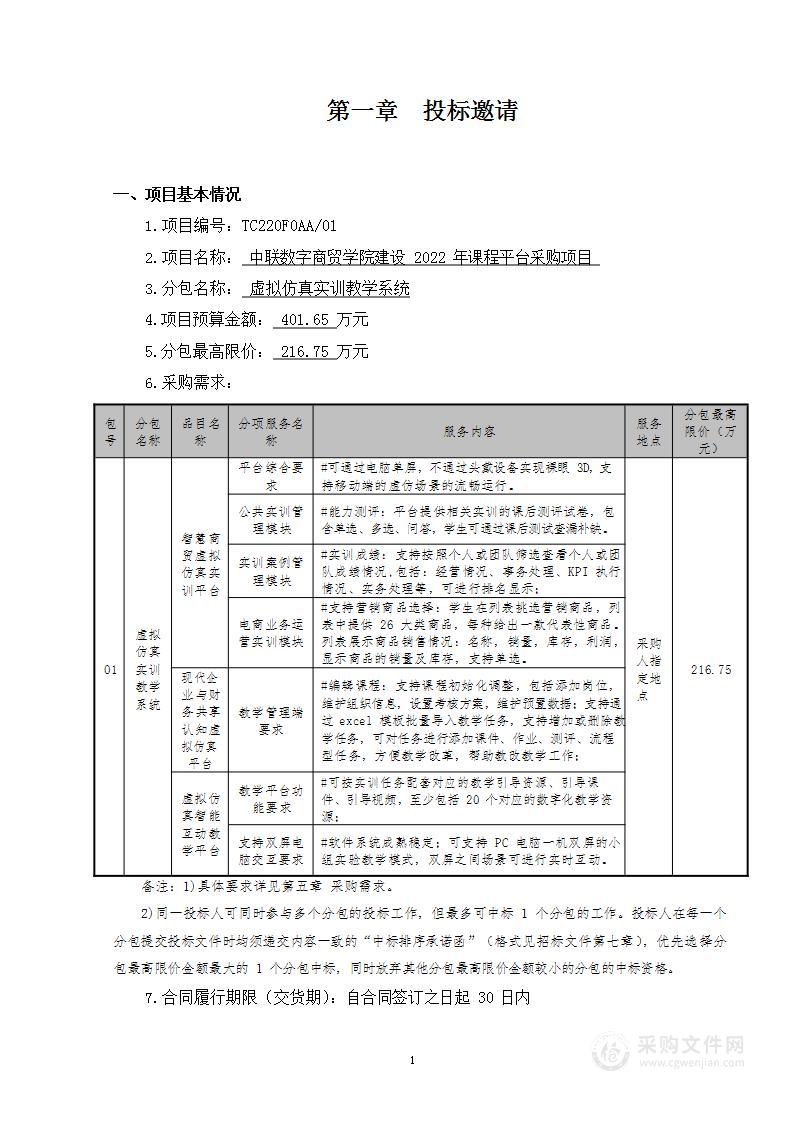 中联数字商贸学院建设2022年课程平台采购项目（第一包）