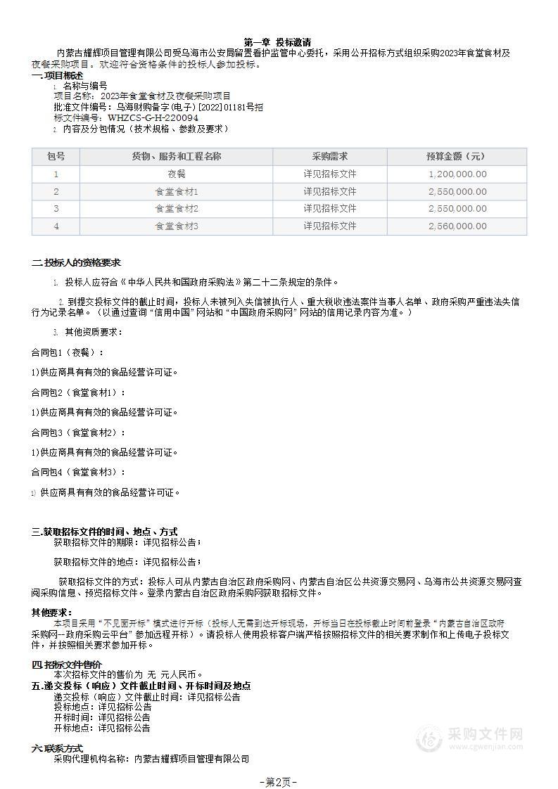 2023年食堂食材及夜餐采购项目