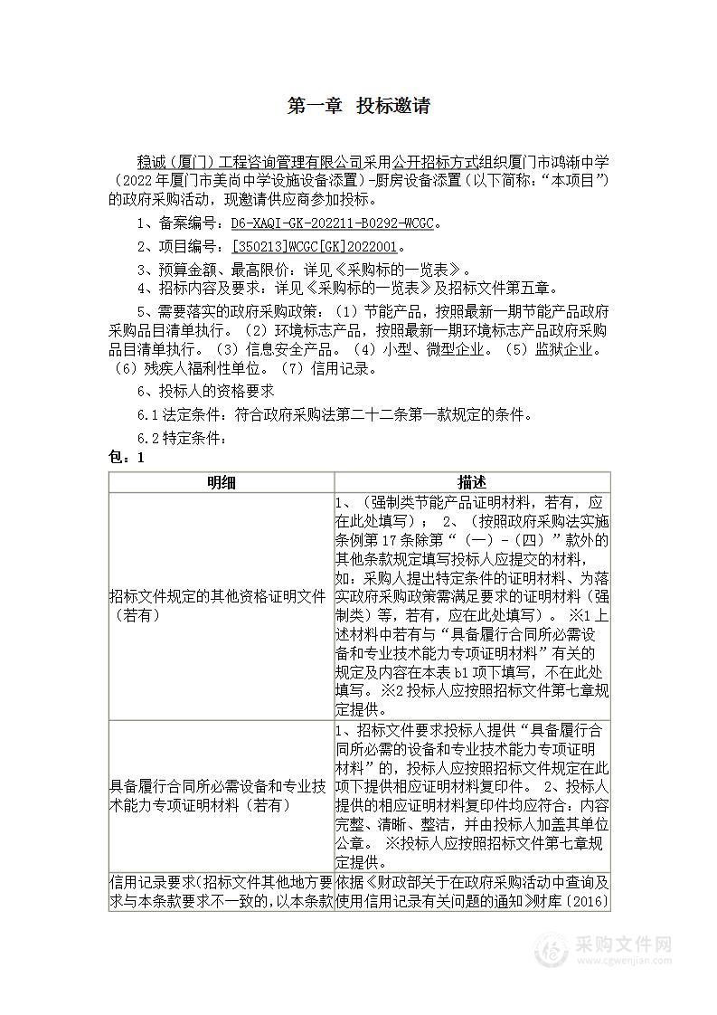 厦门市鸿渐中学（2022年厦门市美尚中学设施设备添置）-厨房设备添置