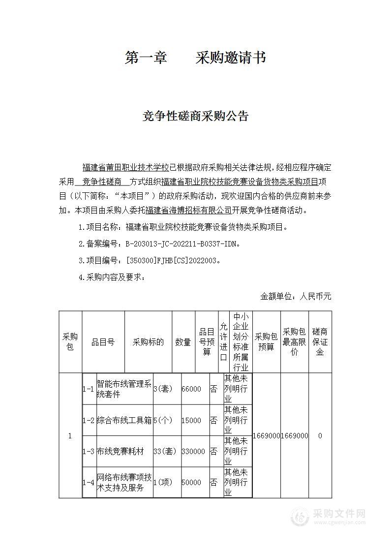 福建省职业院校技能竞赛设备货物类采购项目