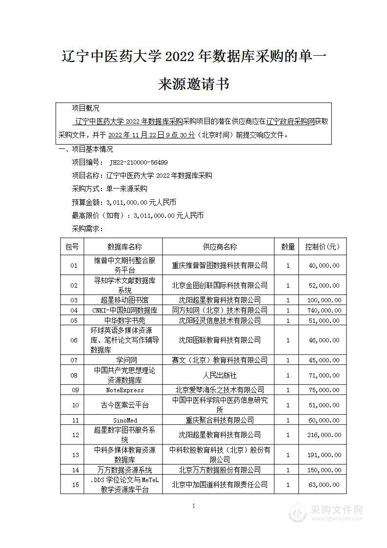 辽宁中医药大学2022年数据库采购