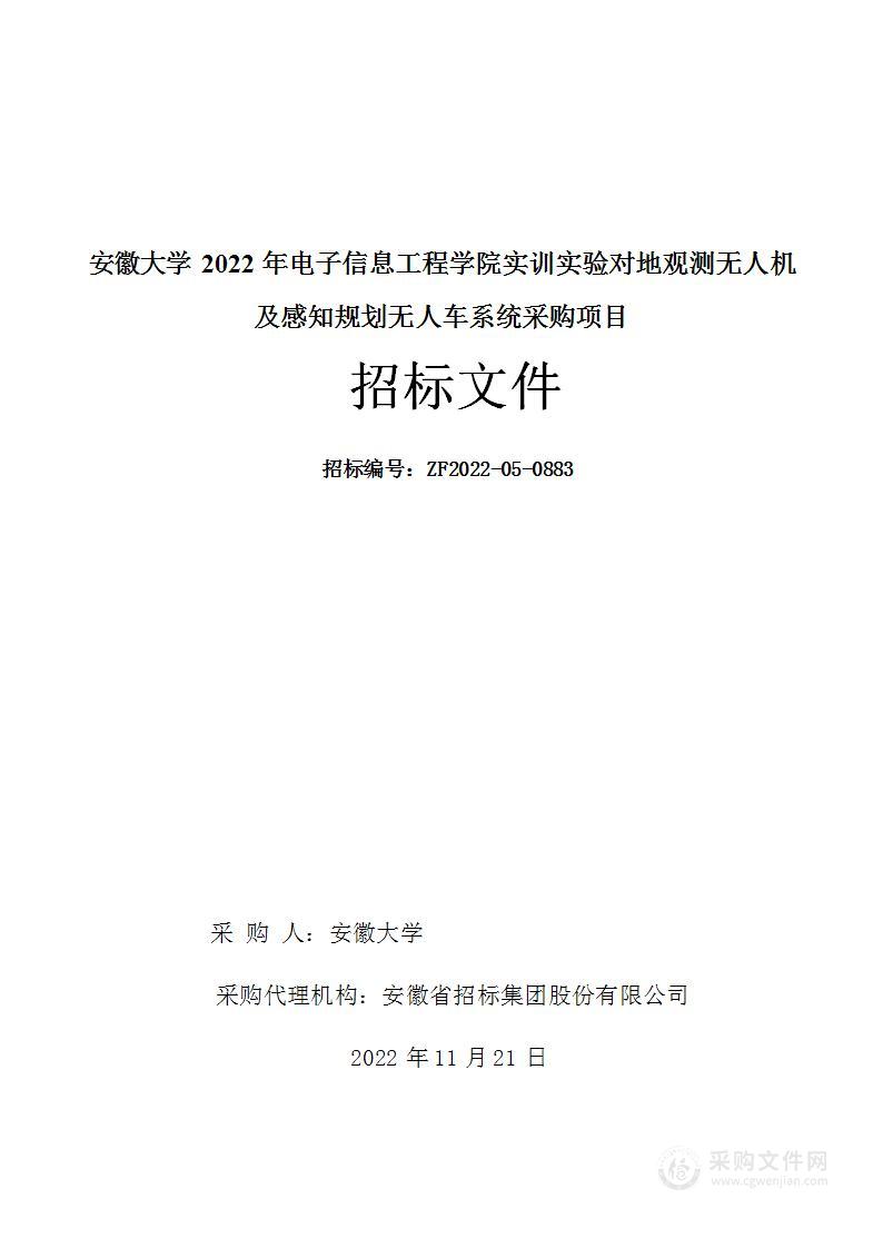 安徽大学2022年电子信息工程学院实训实验对地观测无人机及感知规划无人车系统采购项目