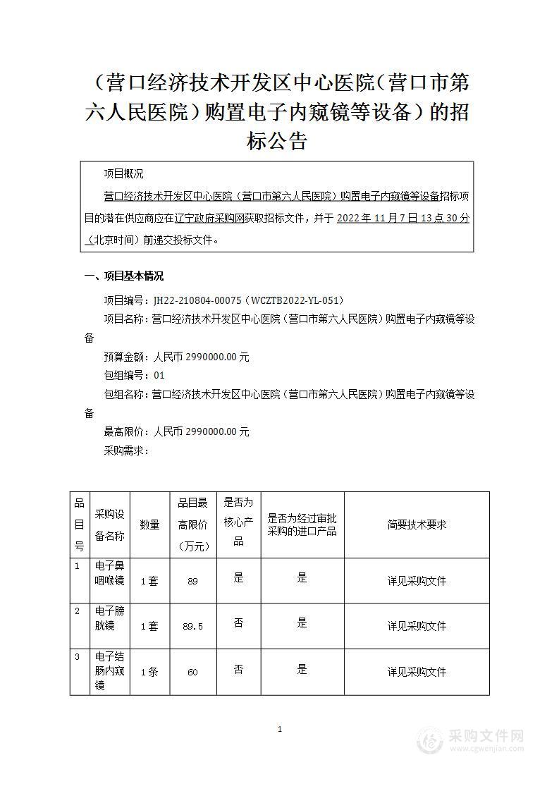 营口经济技术开发区中心医院 （营口市第六人民医院）购置电子内窥镜等设备