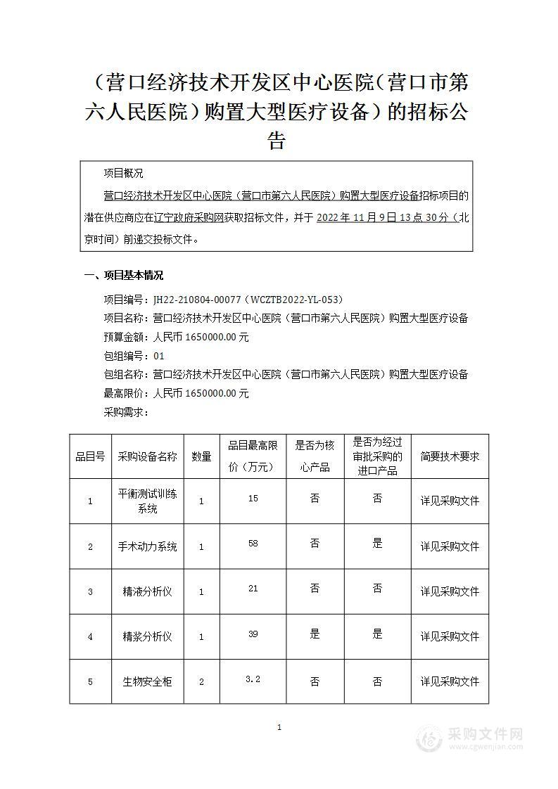 营口经济技术开发区中心医院 （营口市第六人民医院）购置大型医疗设备