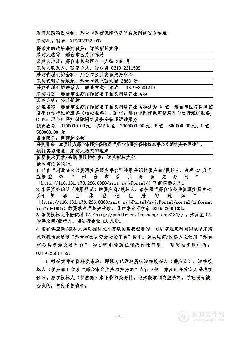 邢台市医疗保障局本级邢台市医疗保障信息平台及网络安全运维