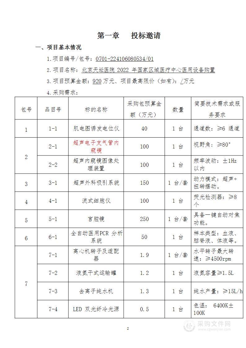 北京天坛医院2022年国家区域医疗中心医用设备购置