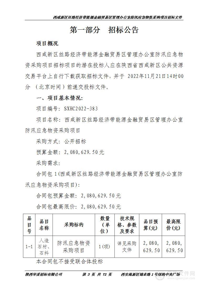 西咸新区丝路经济带能源金融贸易区管理办公室防汛应急物资采购项目