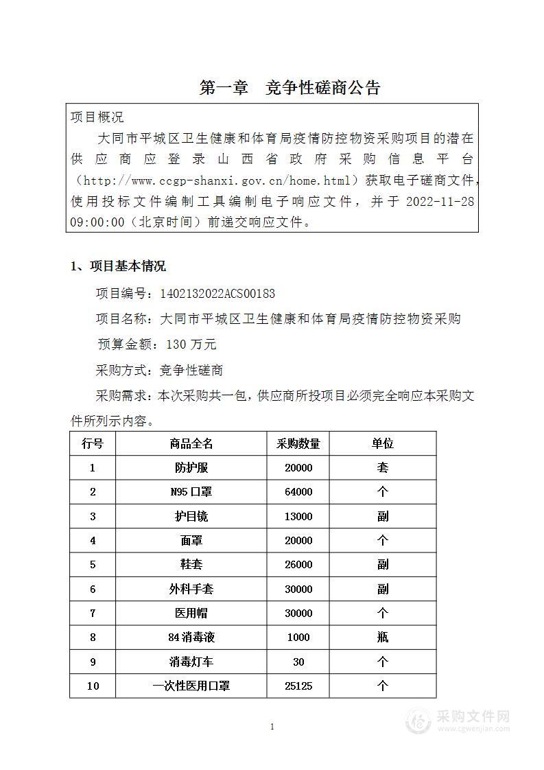 大同市平城区卫生健康和体育局疫情防控物资采购