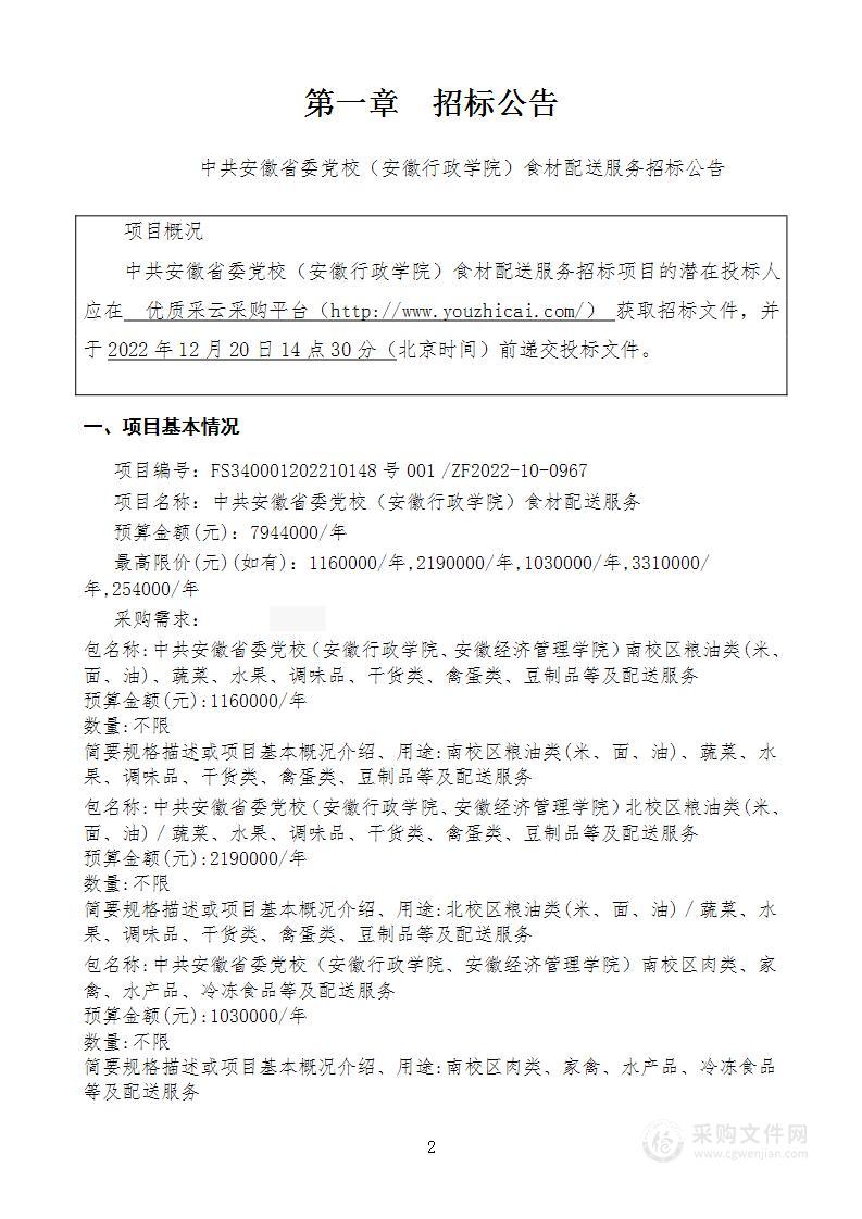 中共安徽省委党校（安徽行政学院）食材配送服务