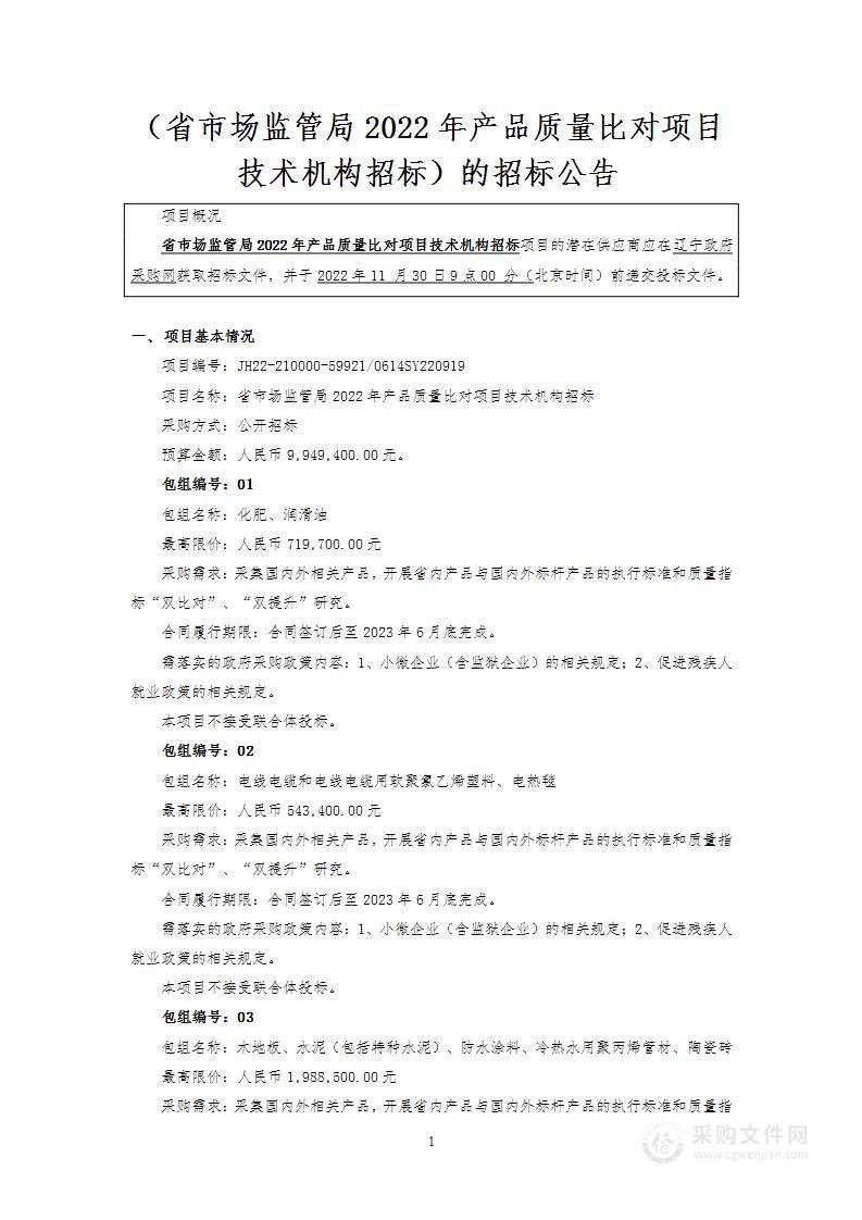 省市场监管局2022年产品质量比对项目技术机构招标